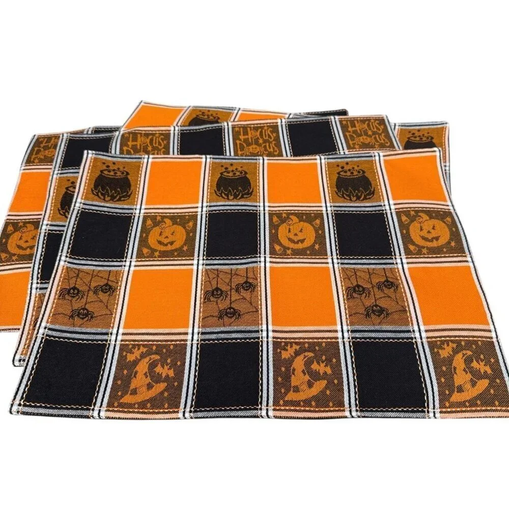 Halloween Placemats Set of Four Pumpkin Orange Black Check Cotton Tapestry